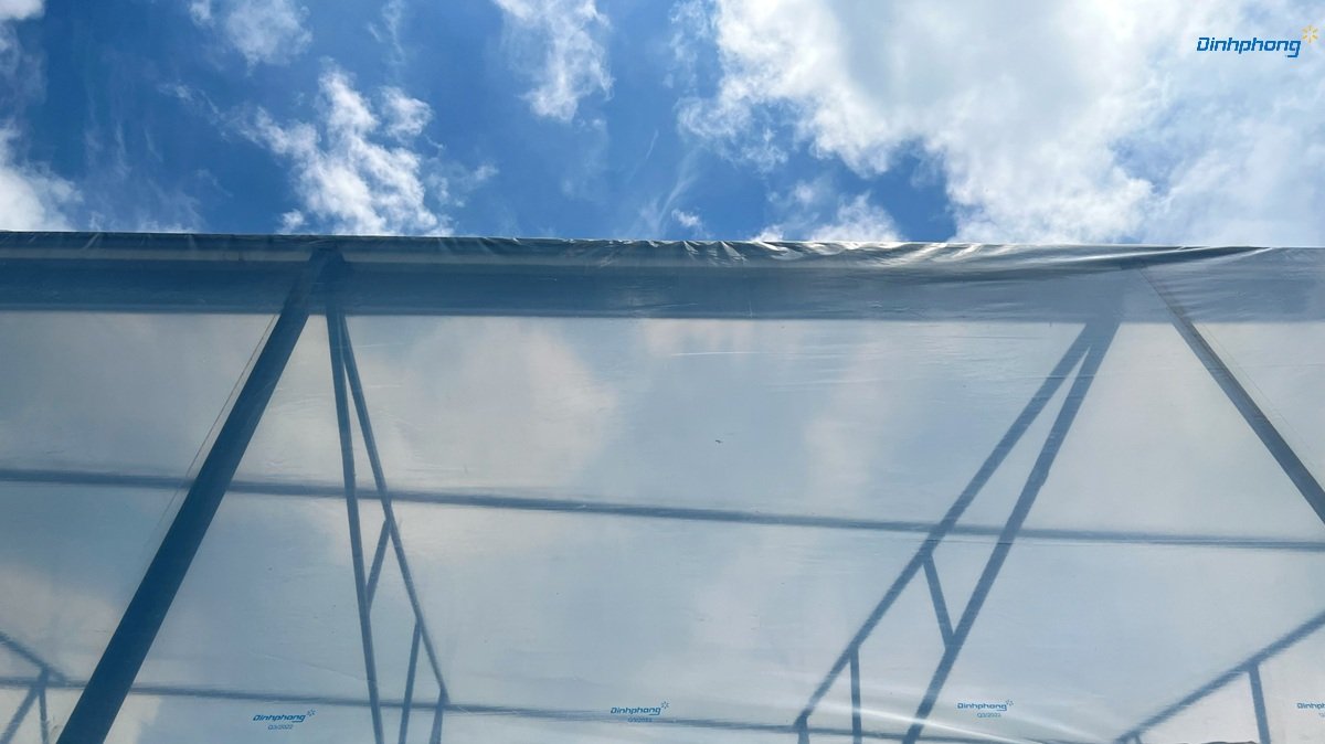 Hình ảnh chi tiết mô hình nhà kính nông nghiệp được lợp bằng màng phủ nhà kính Đỉnh Phong, thể hiện độ trong suốt và cách bao phủ khung nhà kính.